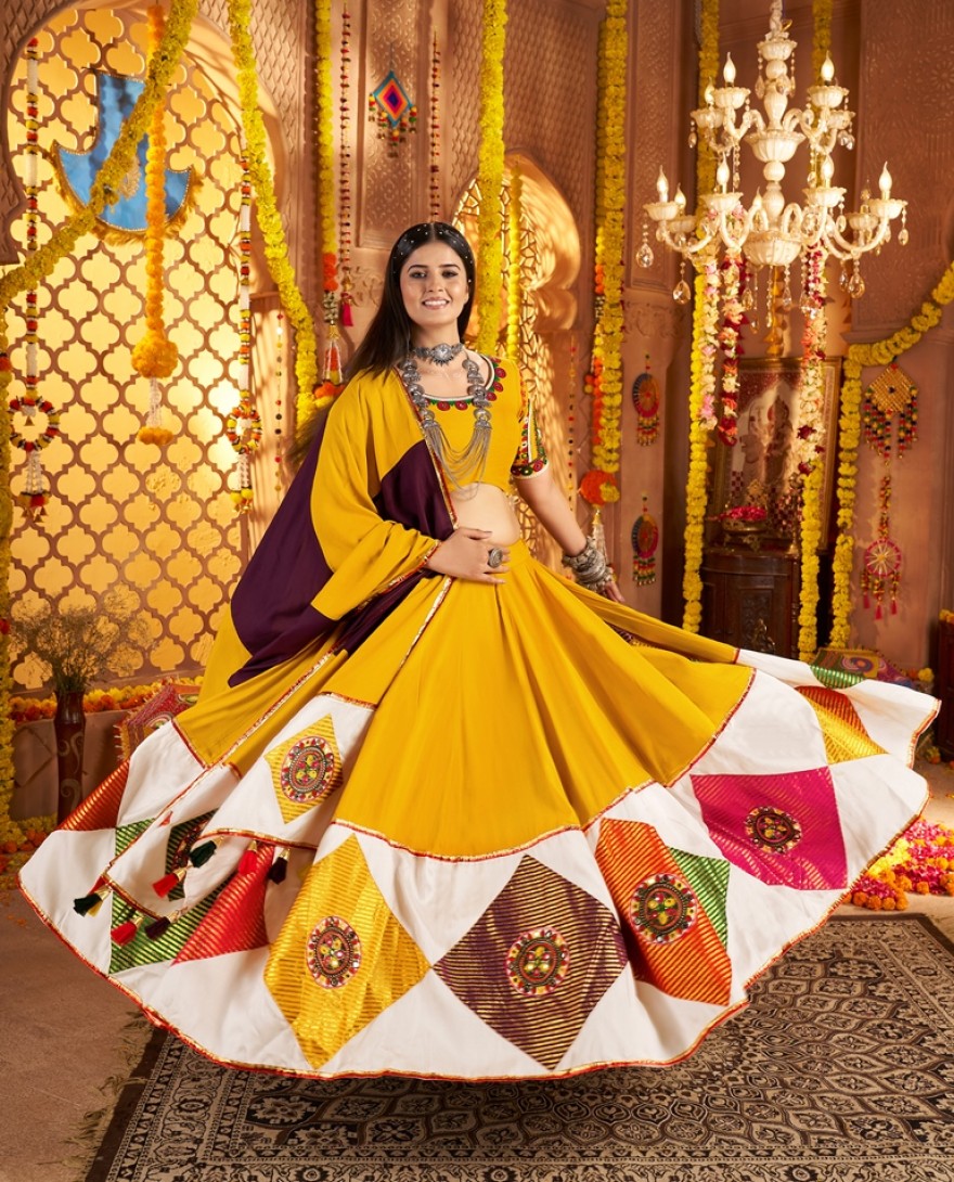 11042-yellow - Garba Elegance in Mustard Yellow Patchwork Splendor